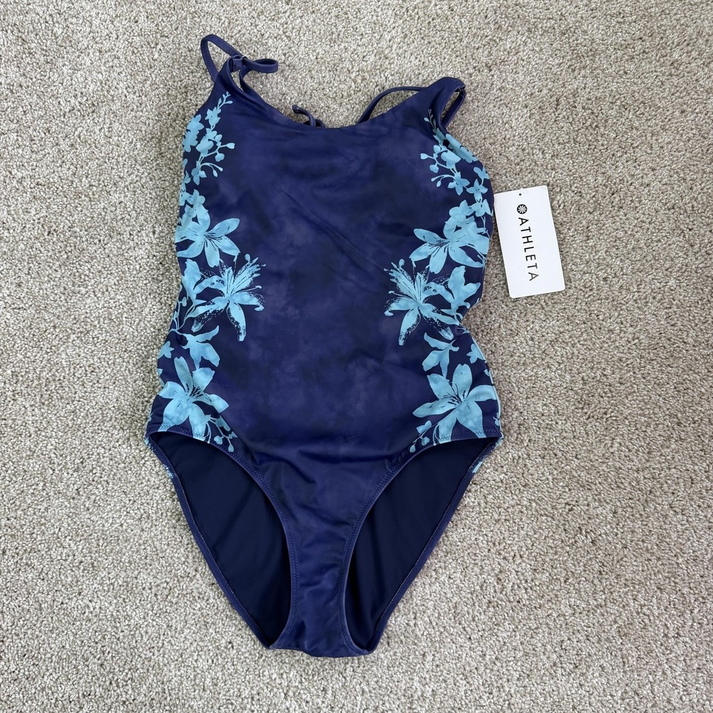 Athleta Swimsuit Womens Small Blue Floral Keyhole One Piece Halter Back UPF